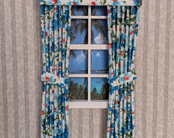 Turquoise Flower Patch Tieback Dollhouse Curtains 1:12 Scale