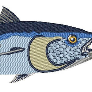 May include: Embroidered design of a blue and gray fish with a yellow eye. The fish has a detailed scale pattern and a slightly open mouth.
