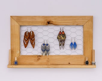 Wood earring holder ARTISAN Series with ring holder, hexagonal metal mesh and shelf