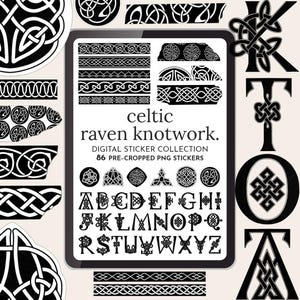 Peut inclure: Une collection d'autocollants numériques présentant des motifs de nœuds celtiques en noir et blanc. La collection comprend des bordures, des lettres individuelles et divers symboles celtiques. Le texte sur l'image indique "celtic raven knotwork. DIGITAL STICKER COLLECTION 86 PRE-CROPPED PNG STICKERS."