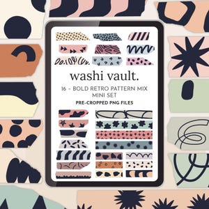 May include: A digital art display featuring a collection of washi tape designs with bold retro patterns. The designs include various shapes and colors, with the text "washi vault" and "16 - BOLD RETRO PATTERN MIX MINI SET PRE-CROPPED PNG FILES".