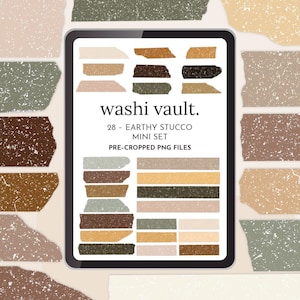 Könnte beinhalten: Ein digitaler Tablet-PC zeigt eine Sammlung von 28 vorgeschnittenen PNG-Dateien des Mini-Sets "erdiger Stuck". Die Farbpalette umfasst Brauntöne, Beige und Grün. Der Text "washi vault" und Produktdetails sind sichtbar.