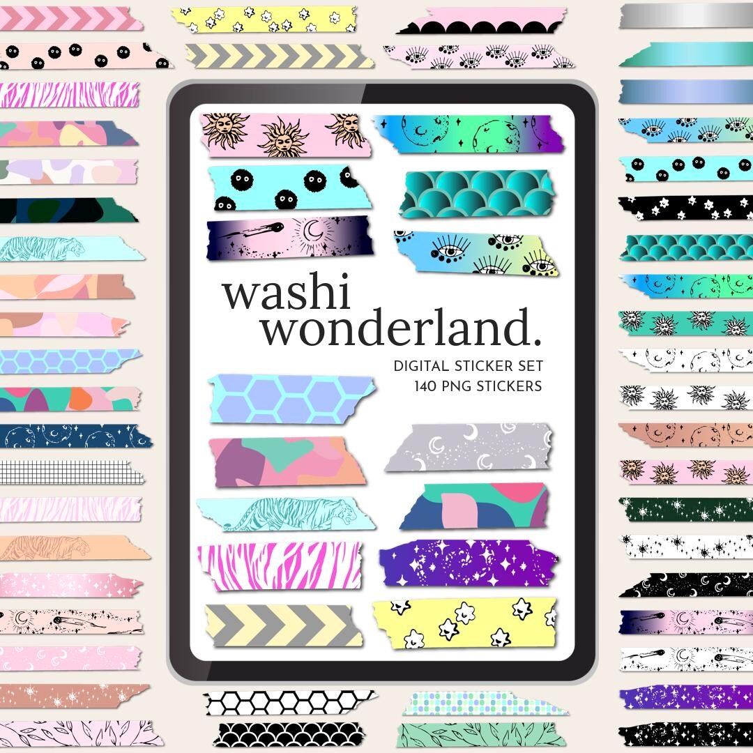 Washi Wonderland Digital Washi Tape Stickers | 140 PNG Planner Stickers ...