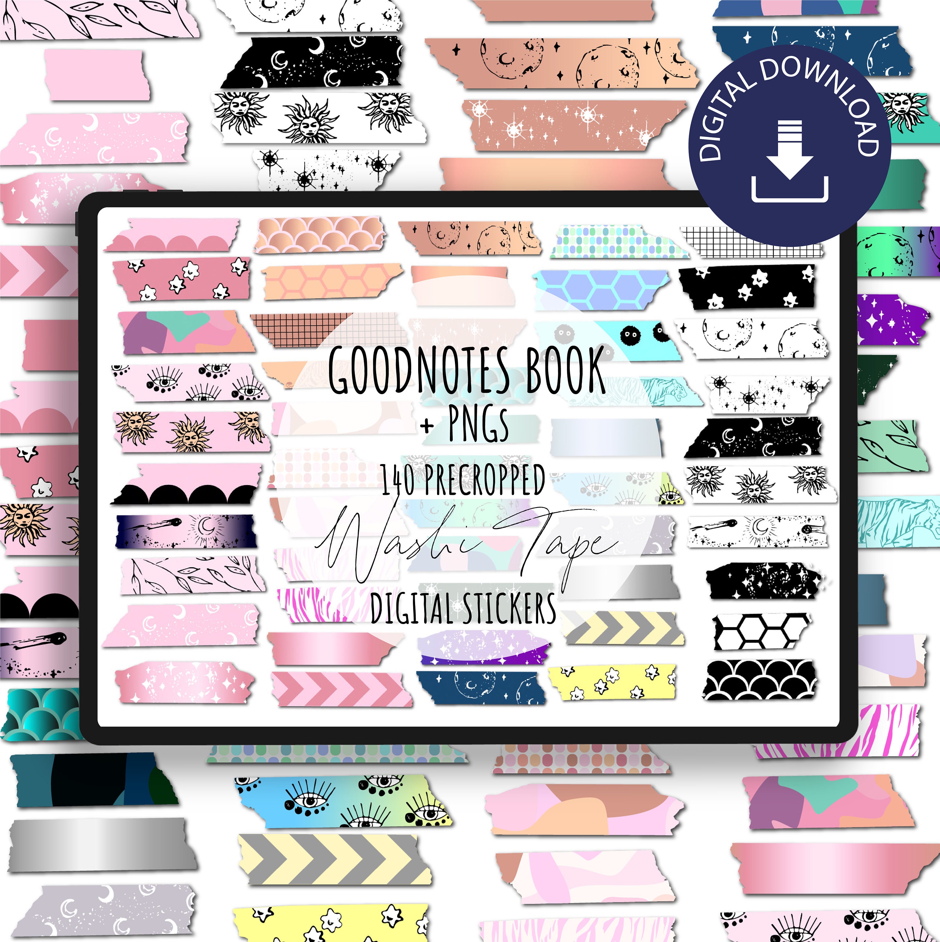 DIGITAL WASHI TAPE Aesthetic Colorful Washi Tape Goodnotes, Notability,  Onenote Clipart, Summer Washi Tape for Digital Planner 