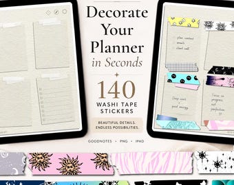 Washi Tape Digital Stickers | 140 GoodNotes Planner PNG Strips (Digital Download)