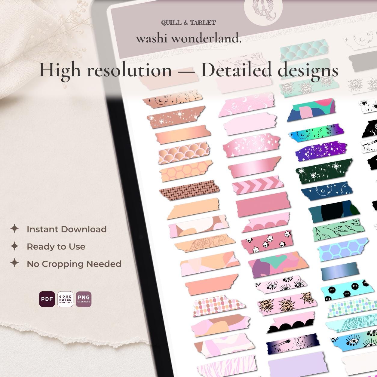 Washi Tape Digital Stickers | 140 Goodnotes Planner PNG Strips (digital ...