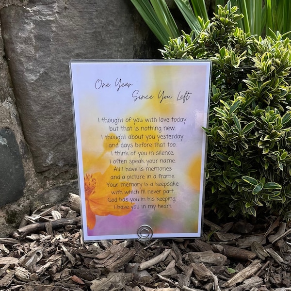 One year death anniversary grief keepsake card, One year since you left memorial poem grave card