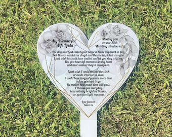 Personalised wedding anniversary in heaven, Heart shaped graveside marker ornament decoration, The day god took you home, Cemetery plaque