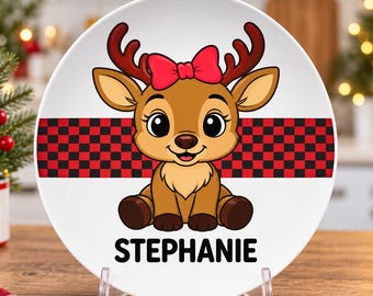 Personalized Reindeer Plate for Girls, Custom Name Christmas Plate, Kids Holiday Dinner Plate, Christmas Gift for Girl