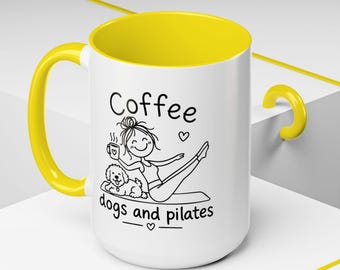 Coffee Dogs and Pilates Mug, Cute Pilates Coffee Mug, Dog Mom Gift, Funny Coffee Lover Cup, Pilates Instructor Gift, Minimalist Doodle Mug