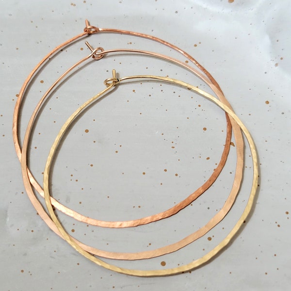 Copper or Rose Gold or 14k Gold Filled Hammered Thin Hoop Earrings, 2 inch Dainty Hoops, Large Boho Hoops, Thin Handmade Metal Hoop Earrings