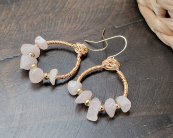 Rose quartz stone bead hoop earrings, wire wrapped hoop earrings, rose stone chip earrings, bridesmaid color. Handmade slow fashion jewelry
