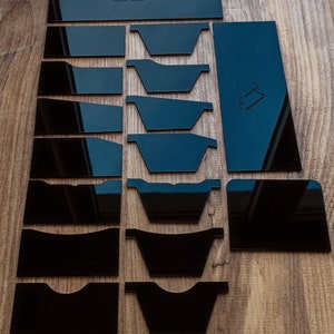 Wallet patterns, leather bifold wallet templates, 17 piece wallet combination, black plexiglass. DIY - Make a gift wallet