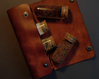 Camping spice rack leather holder, Camping gift ideas, Personalize Camping and picnic spice rack bag - Bottle bushcraft spice kit, Spice bag