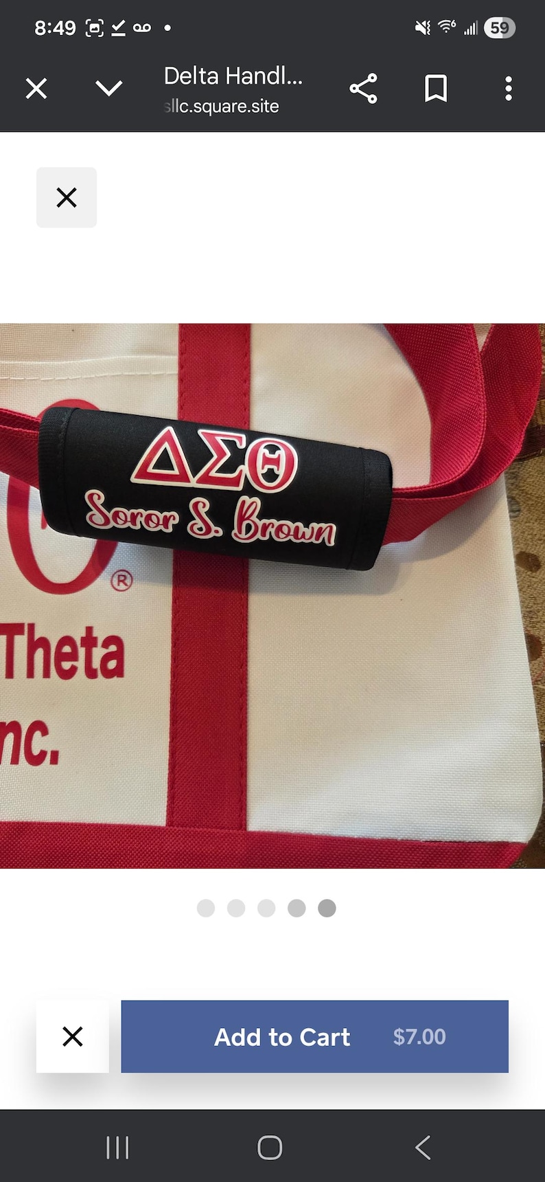 May include: A white tote bag with red accents and straps. The bag features a black handle wrap with the Greek letters &Delta;&Sigma;&Theta; and the words "Soror S. Brown" in white and red. The bag also has the word "Theta" in red.