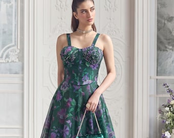 Emerald Green Floral Organza Lehenga Choli, Indian Wedding Dress, Bridesmaid Outfit, Sangeet Mehendi Reception Wear