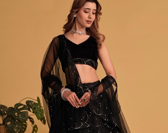 Black Velvet Lehenga Choli, Sequins Embroidered Indian Wedding Outfit