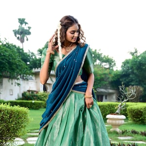 Indian Kanchipuram Pista Color Lehenga Choli With Designer Dupatta For Indian Traditional Wear, Dewali Festival Wear, Wedding Chaniya Choli