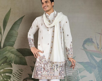 Embroidered White Viscose Rayon Kurta: Indian Wedding Menswear