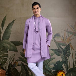 Dusty Pink Men&#39;s Kurta With Self Design Jari Work Real Mirror Work Kurta And Designer Dupatta For Wedding, Party Wear And Traditional Kurta