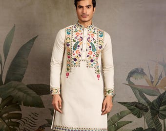 Beige Viscose Silk Kurta: Indian Embroidery, Wedding & Party Wear