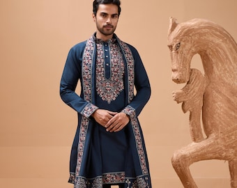 Hand Embroidered Teal Viscose Silk Kurta Set | Indian Ethnic Wear