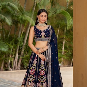 Navy Blue Georgette Lehenga with Sequins and Embroidery Work Wearing Perfect for Indian Weddings and Formal Occasions Chaniya Choli