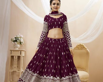 Wine Georgette Lehenga Choli: Sequins Zari Embroidered Bridal Wear
