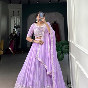 Lavender Georgette Lehenga Choli Set with Sequins and Thread Embroidery–Unstitched Blouse, Elegant Dupatta Wearing Indian Wedding For Women