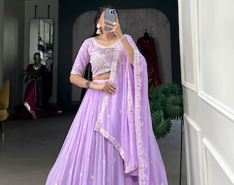 Lavender Georgette Lehenga Choli Set – Sequins and Thread Embroidery, Indian Wedding