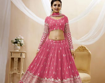 Pink Lehenga Choli: Sequins Zari Embroidered Indian Wedding Dress