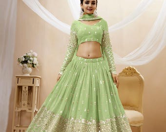 Pista Georgette Lehenga Choli: Sequins Embroidered Indian Wedding Dress