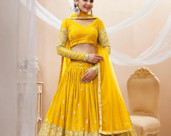 Sunshine Yellow Georgette Lehenga Choli | Haldi & Bridesmaid Wedding Outfit | Sequined Gujarati Chaniya