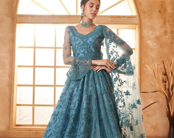 Embroidered Net Bridal Lehenga Choli with Sequins, Heavy Can Can
