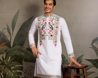 White Viscose Silk Kurta: Embroidered Indian Wedding Party Wear