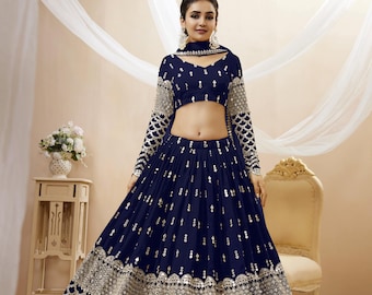 Navy Blue Sequins Lehenga Choli: Georgette Indian Wedding Dress
