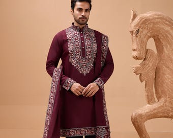 Maroon Embroidered Kurta Set, Viscose Silk Anarkali Outfit