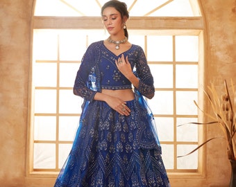 Royal Blue Embroidered Lehenga Choli, Indian Bridal Outfit