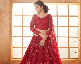 Red Bridal Lehenga Choli, Golden Embroidery, Indian Wedding Wear