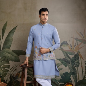 Indischer Himmel Hochzeit Kurta Mit Koti Und Stickerei Pailletten Arbeit Männer Kurta, Indische Hochzeit Männer Kurta, Traditionelle Männer Kurta Mit Pyjama