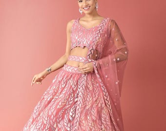 Pink Sequin Lehenga Choli: Embroidered Indian Sangeet Party Wear