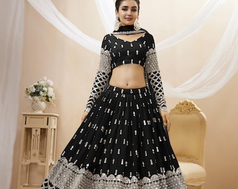 Black Sequins Embroidered Lehenga Choli: Indian Bridal Party Wear