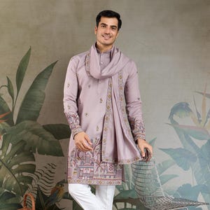 Dusty Pink Men Kurta With Viscose Silk Kurta, Threads and Sequence Embroidered Work Men Kurta Wearing Wedding & Tradtional Men Kurta Dupatta