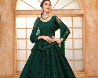 Ciemnozielona haftowana lehenga choli, indyjska suknia ślubna