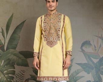 Yellow Viscose Silk Kurta Pajama: Indian Wedding Haldi Outfit