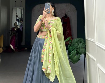 Gray Lehenga Choli, Floral Embroidery, Indian Wedding Outfit