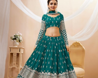 Teal Lehenga Choli: Sequins Zari Embroidered Georgette Indian Wedding Dress