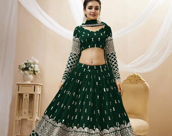 Green Georgette Lehenga Choli: Sequins Embroidered Indian Bridesmaid Dress