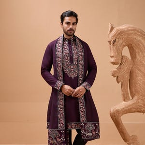 May include: A plum-coloured kurta set with detailed embroidery on the collar, cuffs, and shawl. The shawl and kurta feature floral and tree designs. The outfit is paired with black trousers and brown sandals. A decorative horse sculpture is in the background.