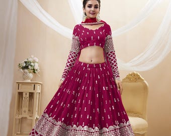 Hot Pink Georgette Lehenga Choli: Sequins Zari Embroidered Indian Wedding Outfit